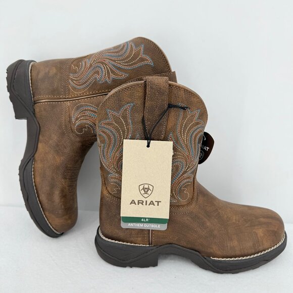 NWOB Ariat Women's Brown Leather Western Anthem Round Toe Shortie Boots Sz US 7B - Picture 1 of 13